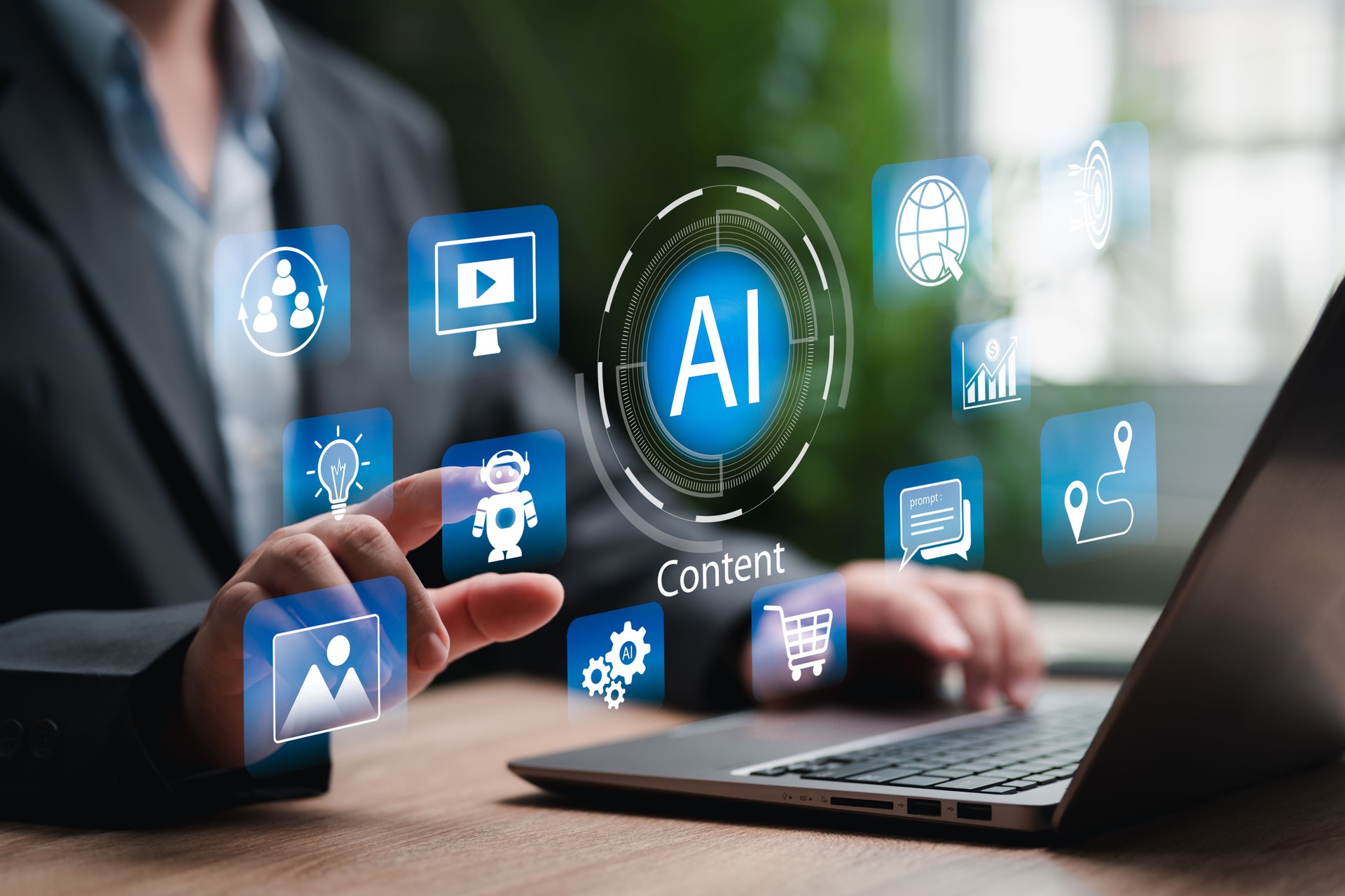 AI Marketing Strategy and Content Creation Concept, Businessman Using Artificial Intelligence for Digital Marketing, Data-Driven Advertising, Brand Growth, Social Media Campaign, Creative Innovation